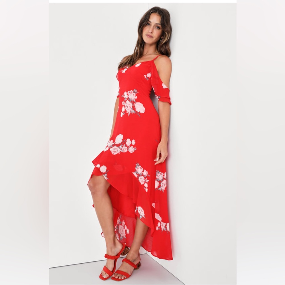Lulus Love in Bloom Red Floral Print Off-the-Shoulder High-Low Dress